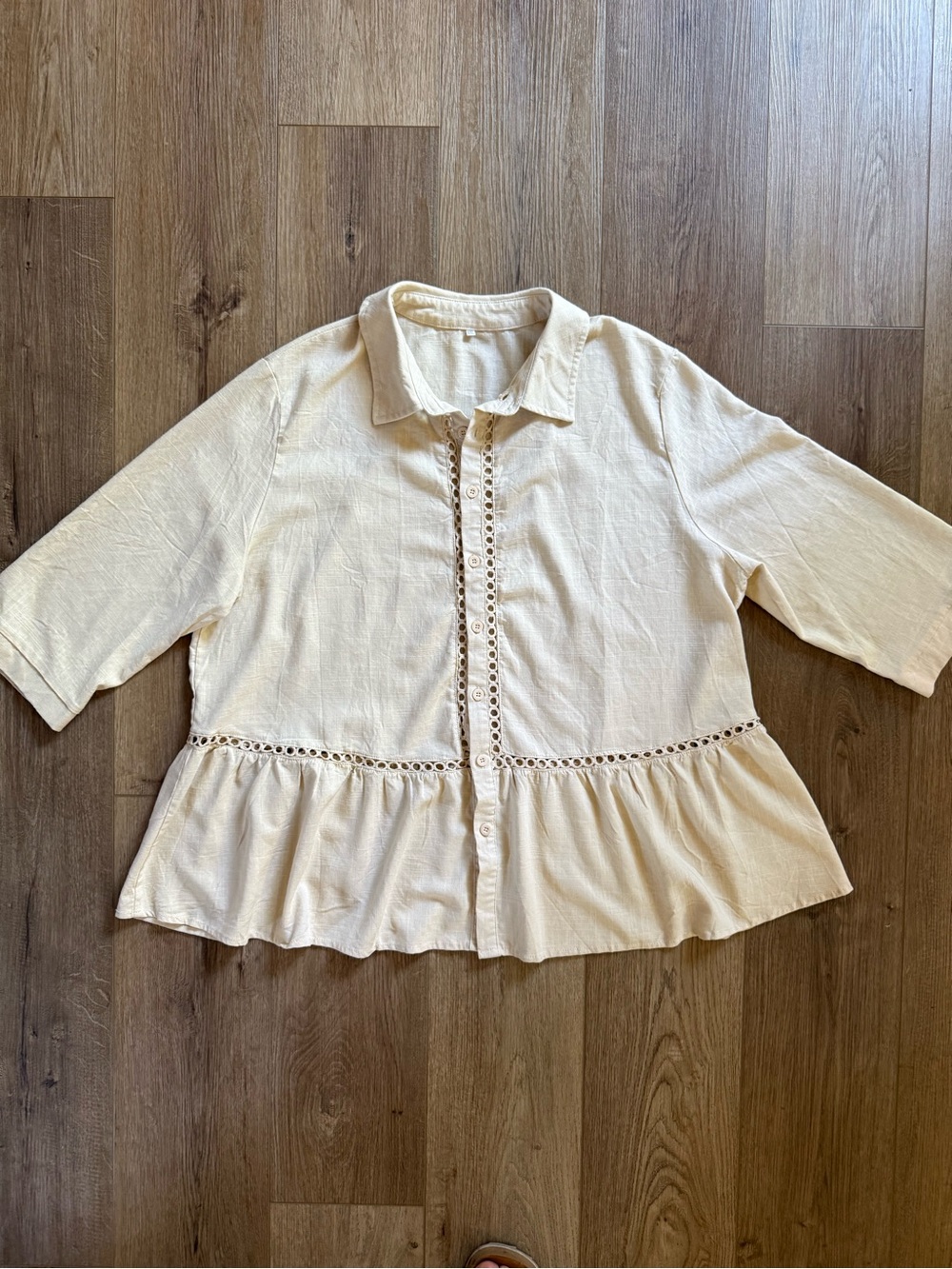 Cream Linen-Look Eyelet Trim Peplum Button-Down Blouse – XXL